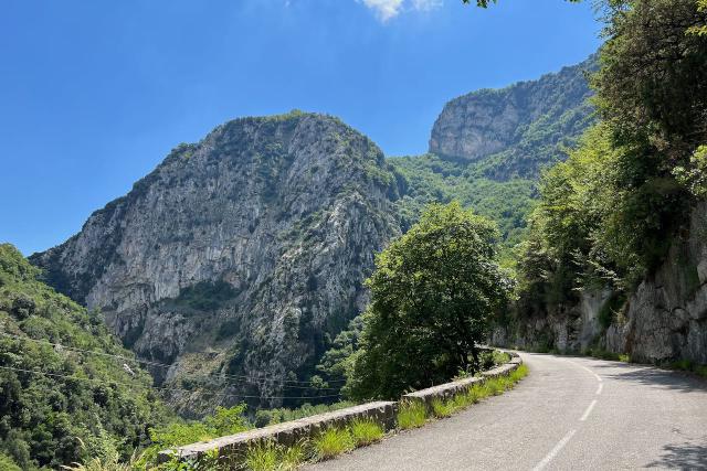 View looking back at rock faces in the gorge on the Col de Turini in France