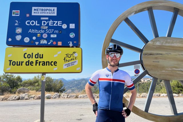 Cyclist portrait at the top of the Col d'Éze in Nice, France