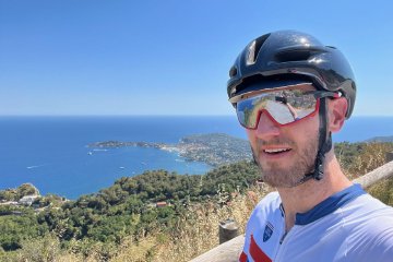 It almost felt like I was looking out over a painting, not real life! Portrait of cyclist and view over Villefrance-sur-Mer along the Col d'Éze