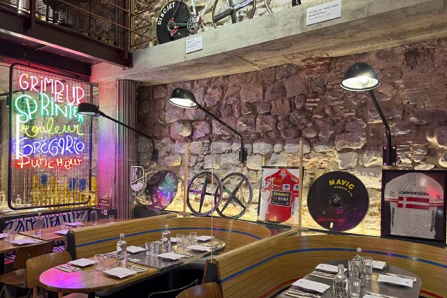 Interior of Hors Categorie, a cyclist themed restaurant in Girona, Spain.