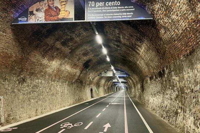 View inside the Cap Nero tunnel along the Ospedaletti bike path in Italy