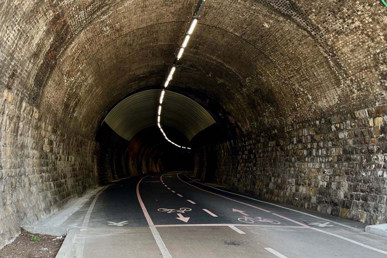 Looking west into the Cap Nero tunnel part of the Ospedaletti bike path near Sanremo, Italy