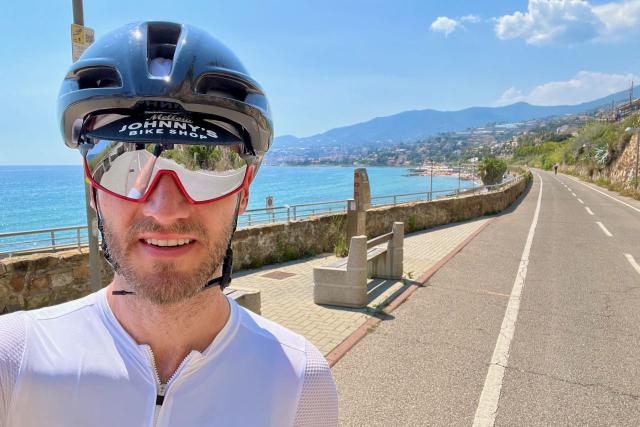 Cyclist selfie along the Ospedaletti bike path near Sanremo, Italy