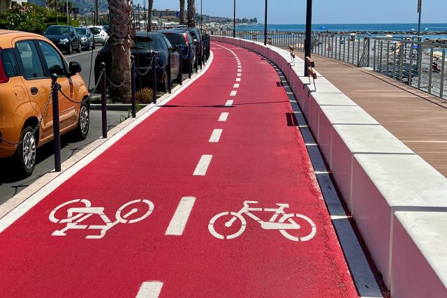 Red bike path near Ventimiglia, Italy
