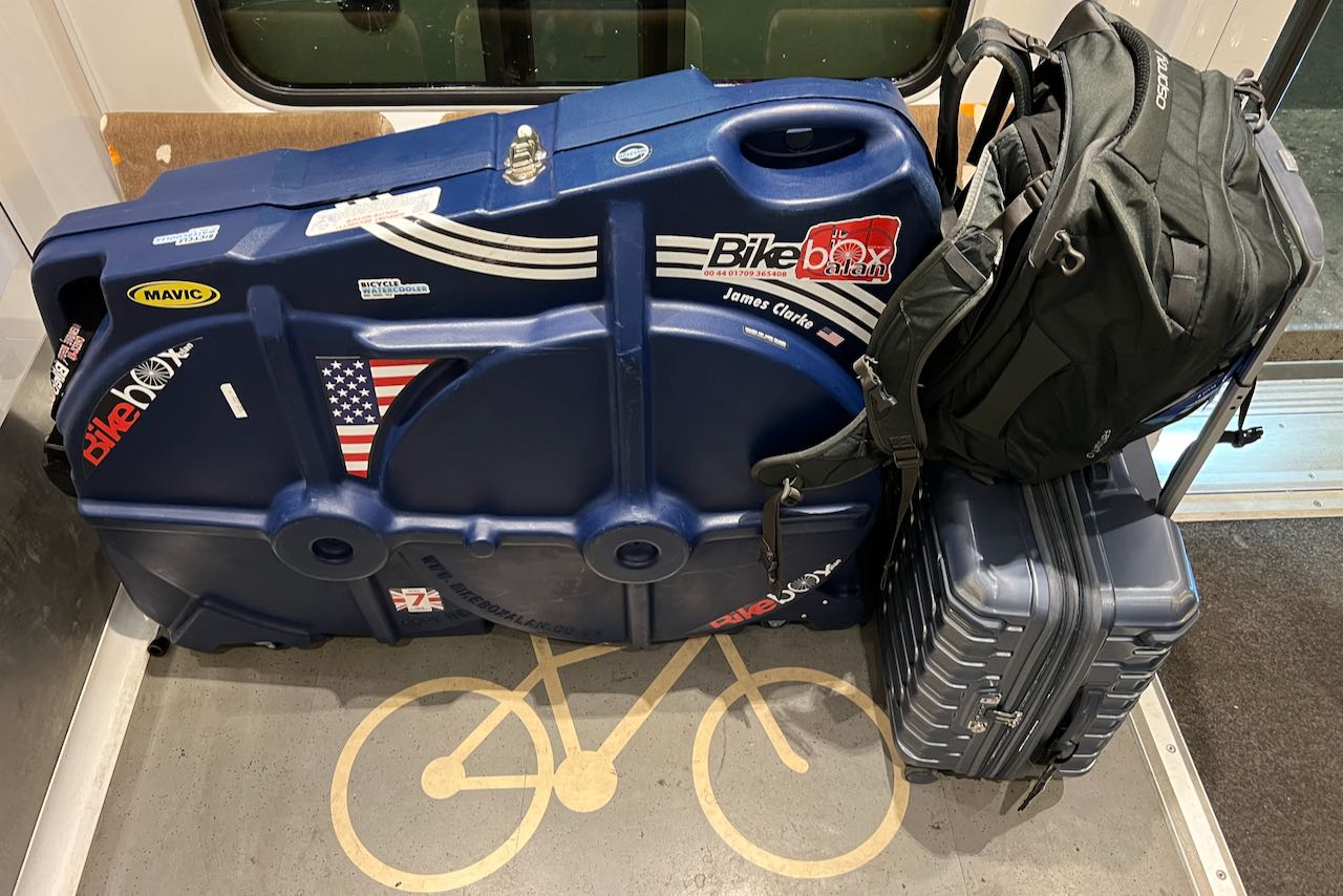 Bicycle with luggage on a train in Nice, France