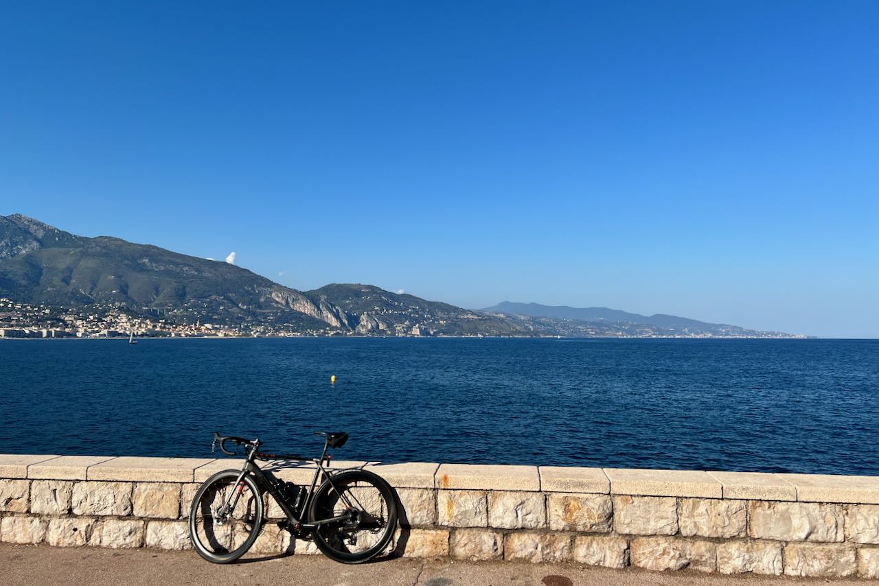 Factor O2 VAM bicycle in Cap-Martin, France looking east into Italy