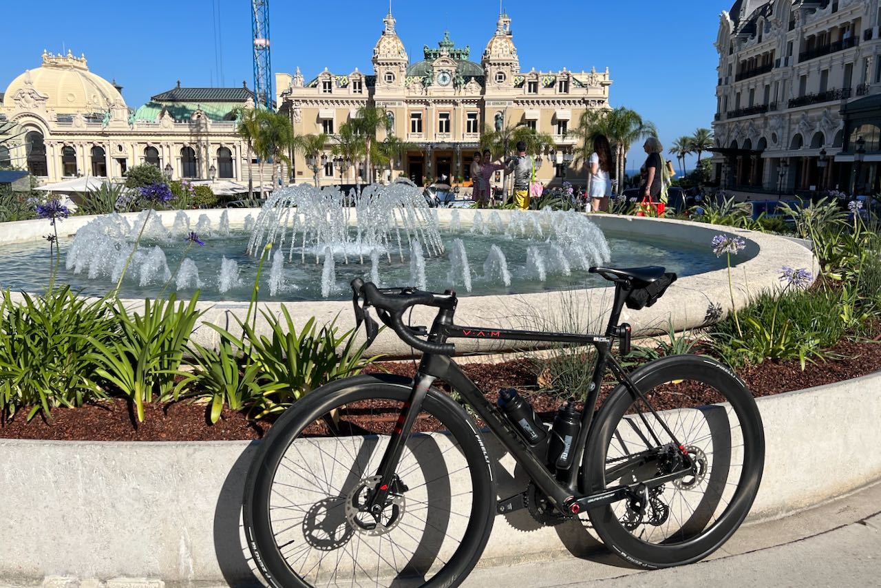 Factor O2 VAM bicycle posing by fountain in front of the Monte Carlo casino in Monaco