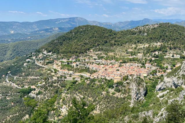 View of the town of Peille, France from the backside of the Col de la Madone