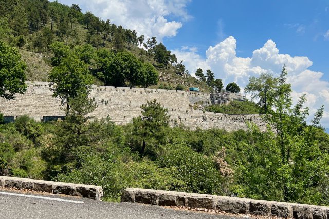 Looking up at road construction on some switchbacks on the east descent of the Col de Braus