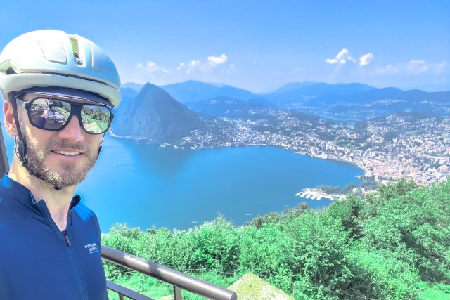 Cyclist selfie at the Ristorante panoramico Vetta Monte Brè