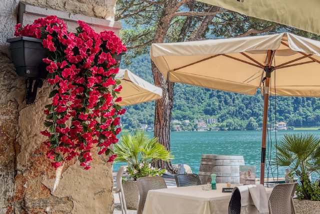 Planter with red flowers at a restaurant in Marcote, Switzerland