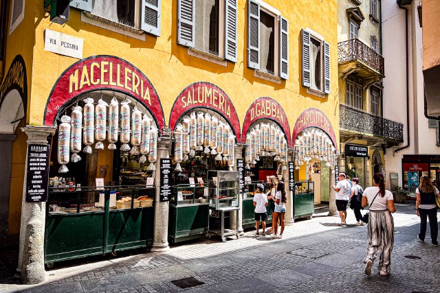 Famous Salumeria in Lugano, Switzerland with hanging salame outside
