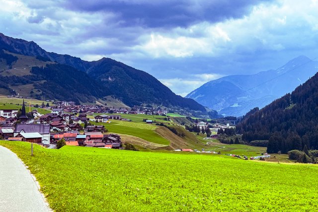 View over the town of Tujetsch, Switzerland