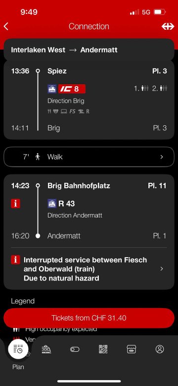 Screenshot of the SBB iPhone application showing a delay