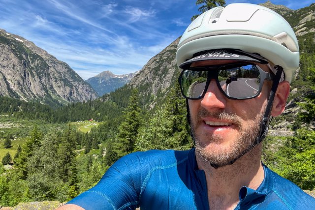 Cyclist selfie on the Grimselpass near the Gelmerbahn