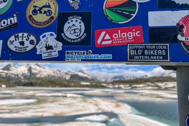 Sticker for this website on the Grimselpass sign.