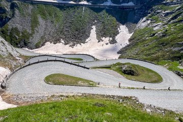 Tight cobbled switchbacks near the top of the Gotthardpass in Switzerland