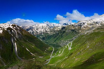 View looking west from the top of the Furkapass in Switzerland