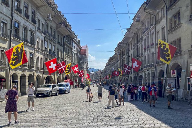 View of the Kramgasse, looking away from the Zytglogge in Bern.