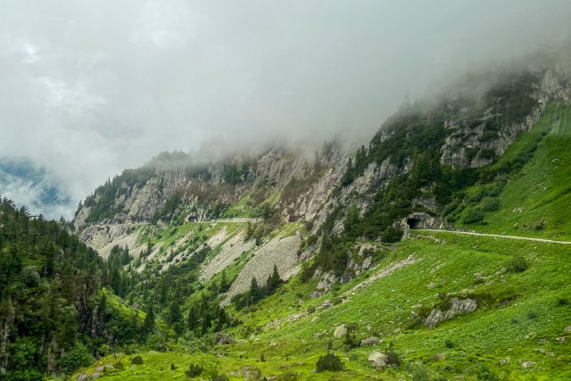 The Sustenpass coming up from Meiringen with clouds looking back through some tunnels