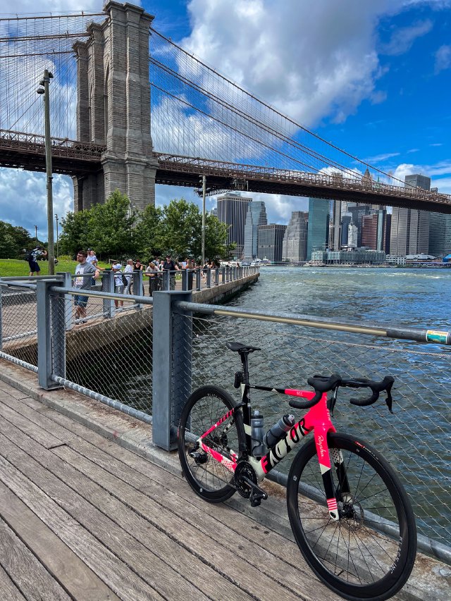 Bicycle with the Brooklyn Bridge in the background from Jane's Carousel near DUMBO in Brooklyn, NYC.