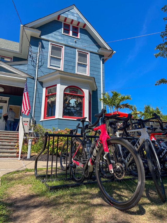 Factor Monza bicycle parked outside the Coffee Ride Cafe in Nyack, New Jersey