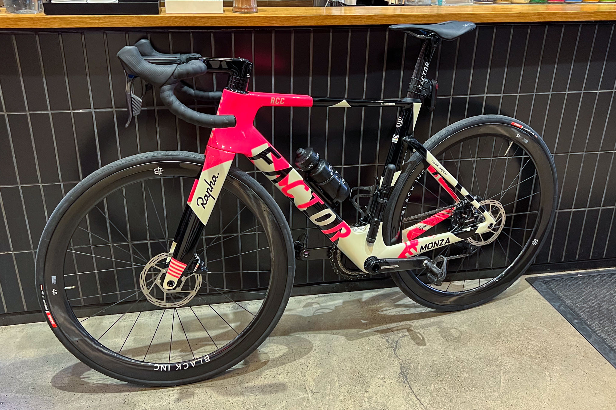 Factor Monza David Carons edition bicycle on display at the Rapha clubhouse in New York City.