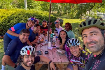 Group photo of cyclists mid ride at the Coffee Ride Cafe in Nyack, New Jersey.