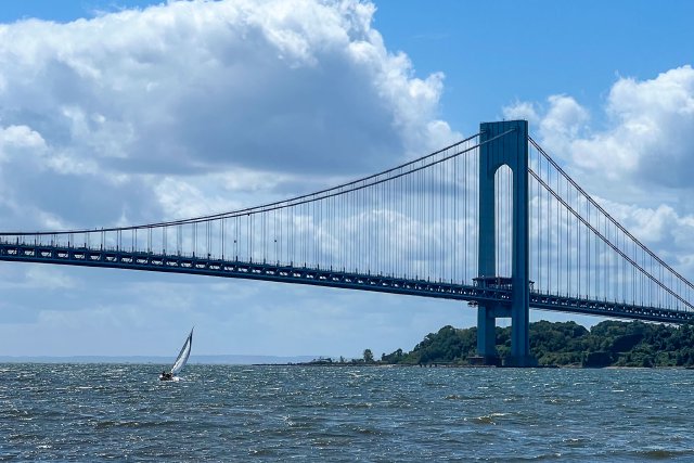 Sailboat in New York Harbor with the Verrazano–Narrows Bridge in the background