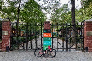 Factor Monza bicycle parked in front of the gates at Central Park Zoo.