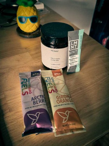 My go-to combination for bigger days Two packets of Hummingbird Fuels mix alongside salt supplements by LMNT and Promix