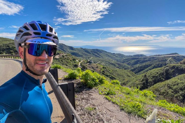 Cyclist selfie at the top of Latigo Canyon road in Los Angeles.