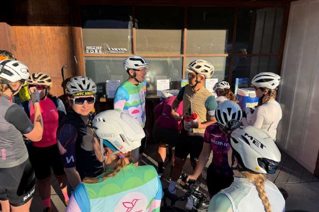 Cyclists gathering outside Pedaler's Fork in Calabasas before a group ride.