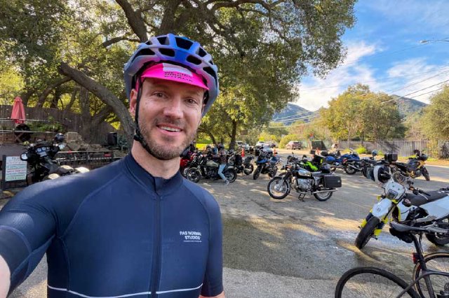 Cyclist selfie with motorcycles at the Rock Store in Cornell, CA